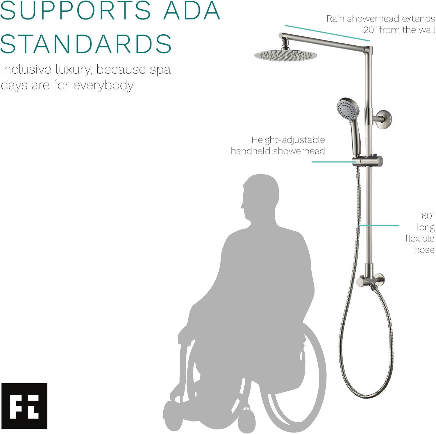 Fennocasa Polaris 3 Rain Shower System, 8' Rainfall Shower Head and Handheld Shower Combo, includes 3-Setting Handheld Spray, Height Adjustable Shower Wand Holder, 60' Hose (1.8 GPM Brushed Nickel)