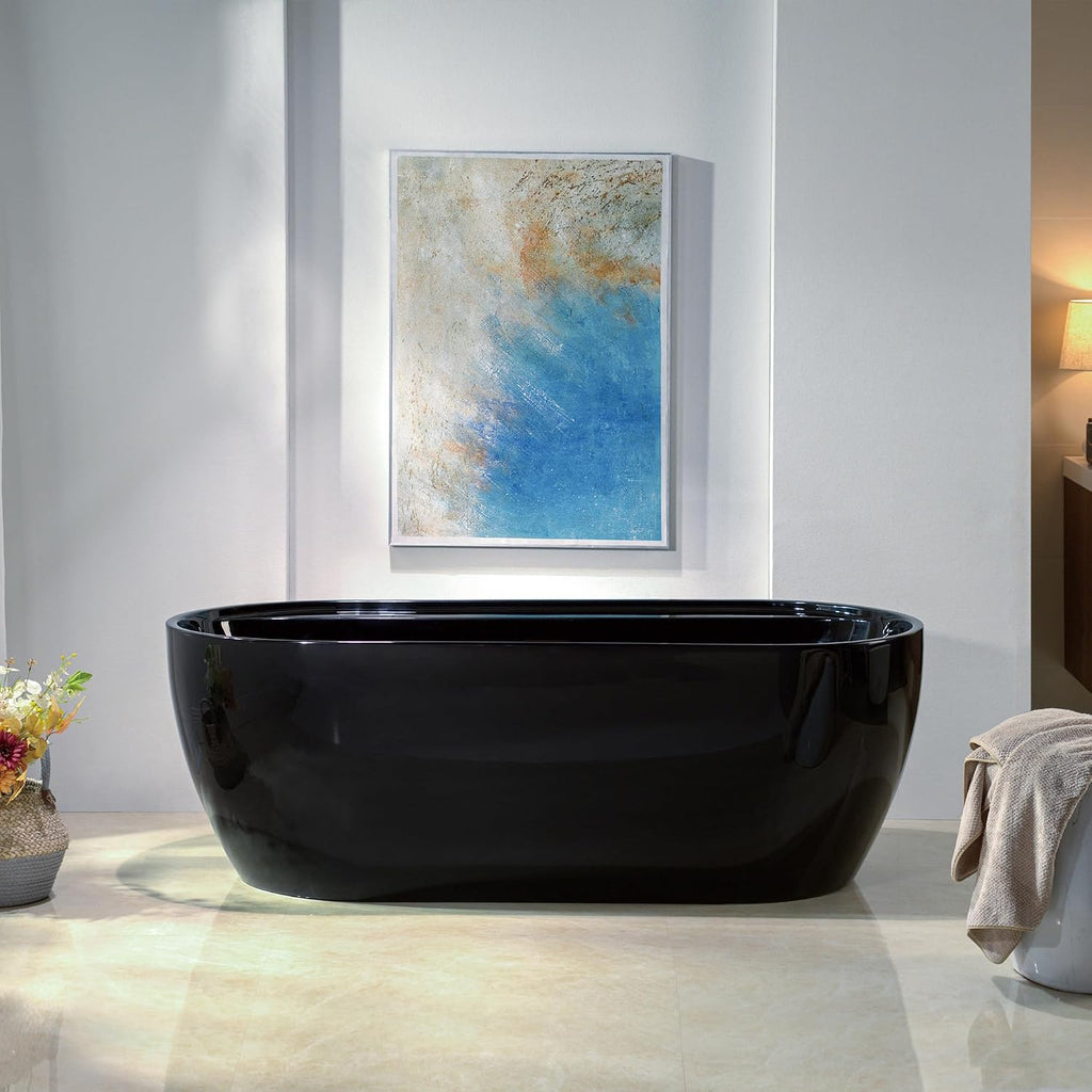 WOODBRIDGE 67' L x 31-1/2' W Freestanding Contemporary Acrylic Soaking Bathtub in Glossy Black Inside and Outside with Oil-Rubbed Bronze Drain & Overflow,B8863-ORB