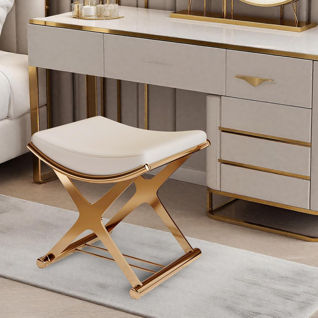 Modern Vanity Stool - Gold Leather Makeup Chair with X-Legs, Backless Ottoman Bench for Bathroom, Living Room & Bedroom Decor