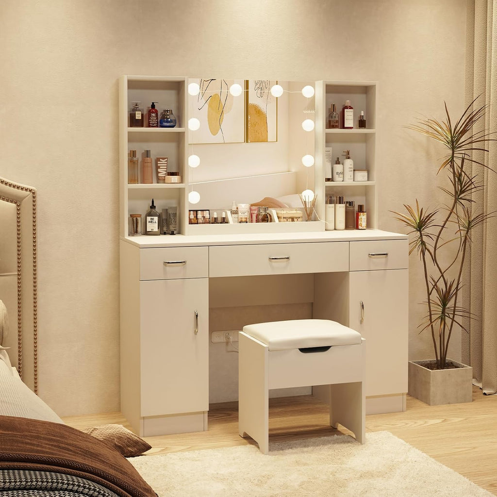 Vabches Vanity Desk with Lighted Mirror, Large Makeup Vanity Table Set with Storage Bench & Cabinets, 3 Brightness Mode, 45.2inch (W), White