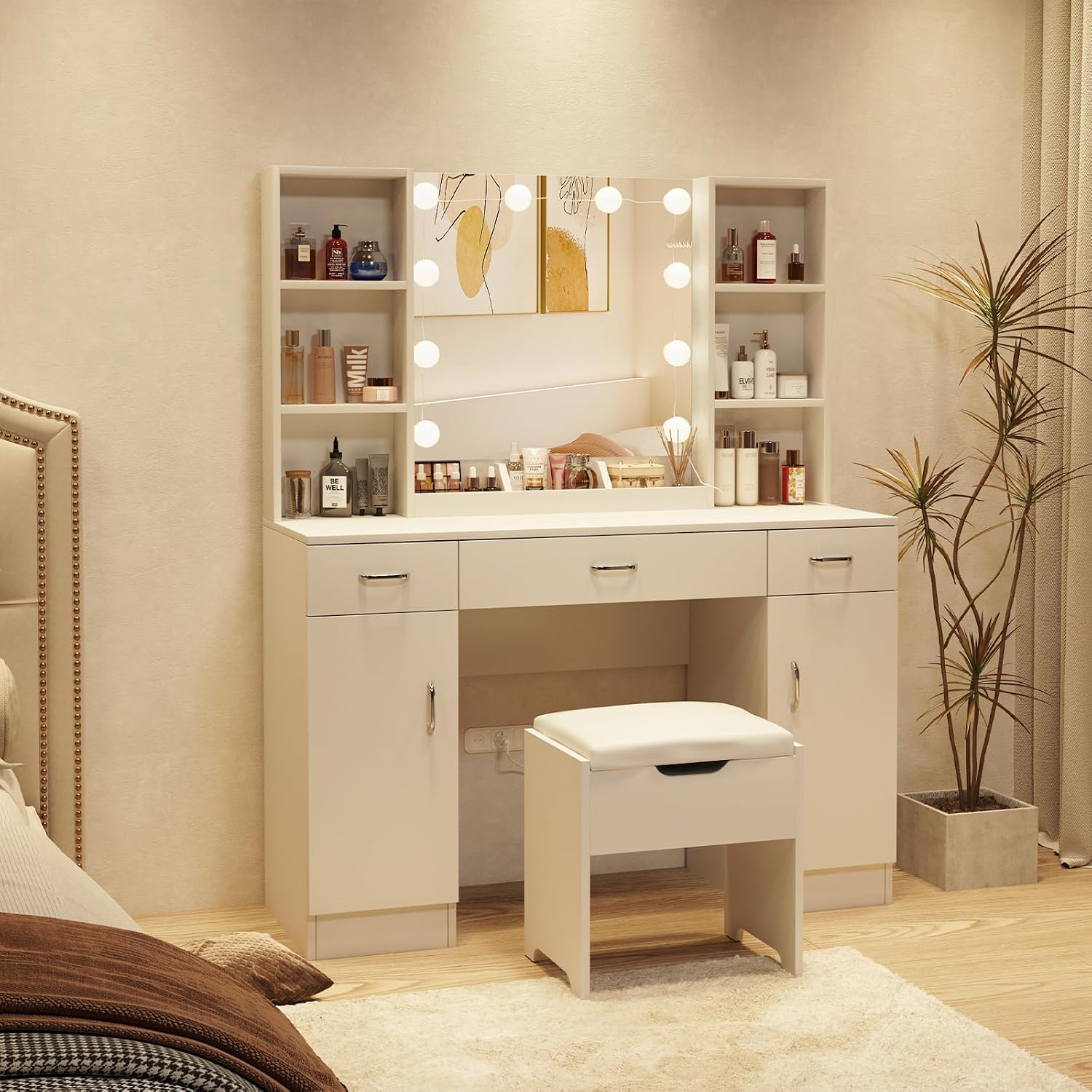 Vabches Vanity Desk with Lighted Mirror, Large Makeup Vanity Table Set with Storage Bench & Cabinets, 3 Brightness Mode, 45.2inch (W), White