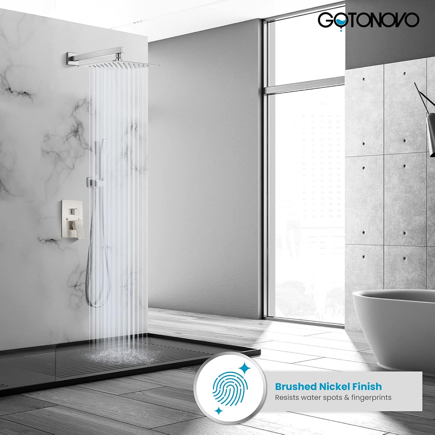 gotonovo 10' Rain Shower System Brushed Nickel Luxury High Pressure Shower Head with Hand Held Spray Rough-in Valve with Widespread Bathroom Faucet 3 Holes Deck Mounted with Pop Up Drain