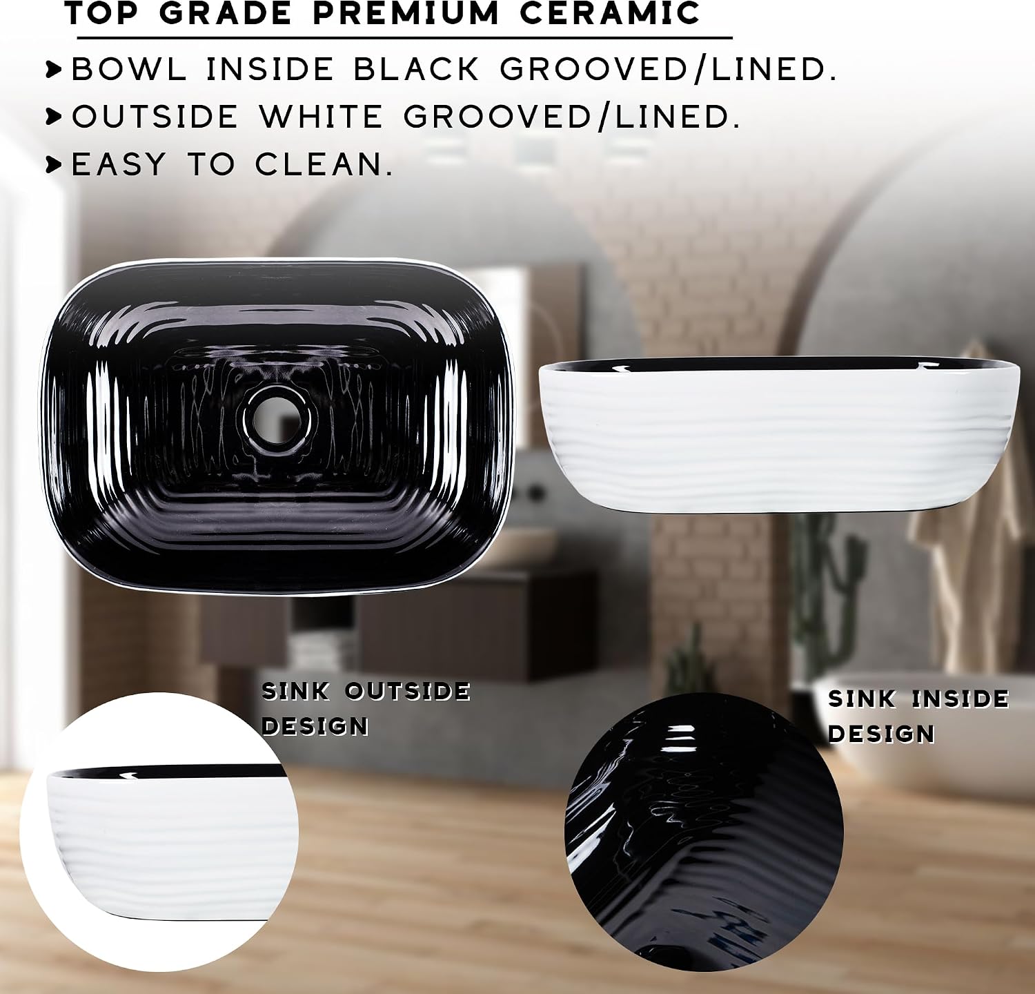Strictly Sinks 18 Inch Rectangular Vessel Sink - Modern Ceramic Countertop Bathroom Sink – Easy to Install Above Counter Luxurious Bathroom Vessel Sink (18-3/8″ W x 13″ L x 5-5/16″ H)