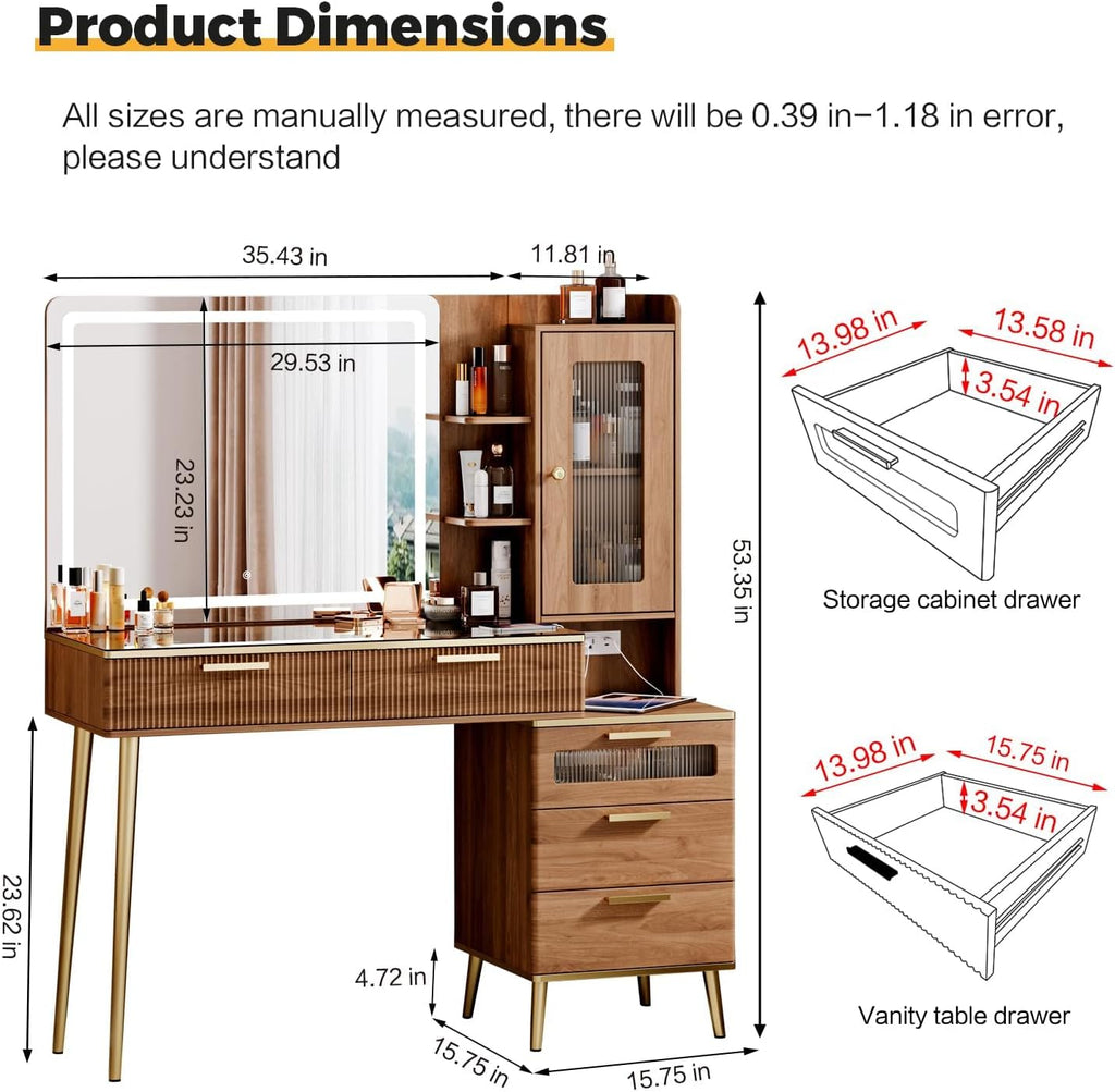 Arulvmrn Vanity Desk with 29.53' HD Lighted Mirror, 47.24' Big Modern Vanity Desk with Mirror and Lights, Makeup Vanity with 5 Drawers and Storage Shelves and Charging Station,Brown1