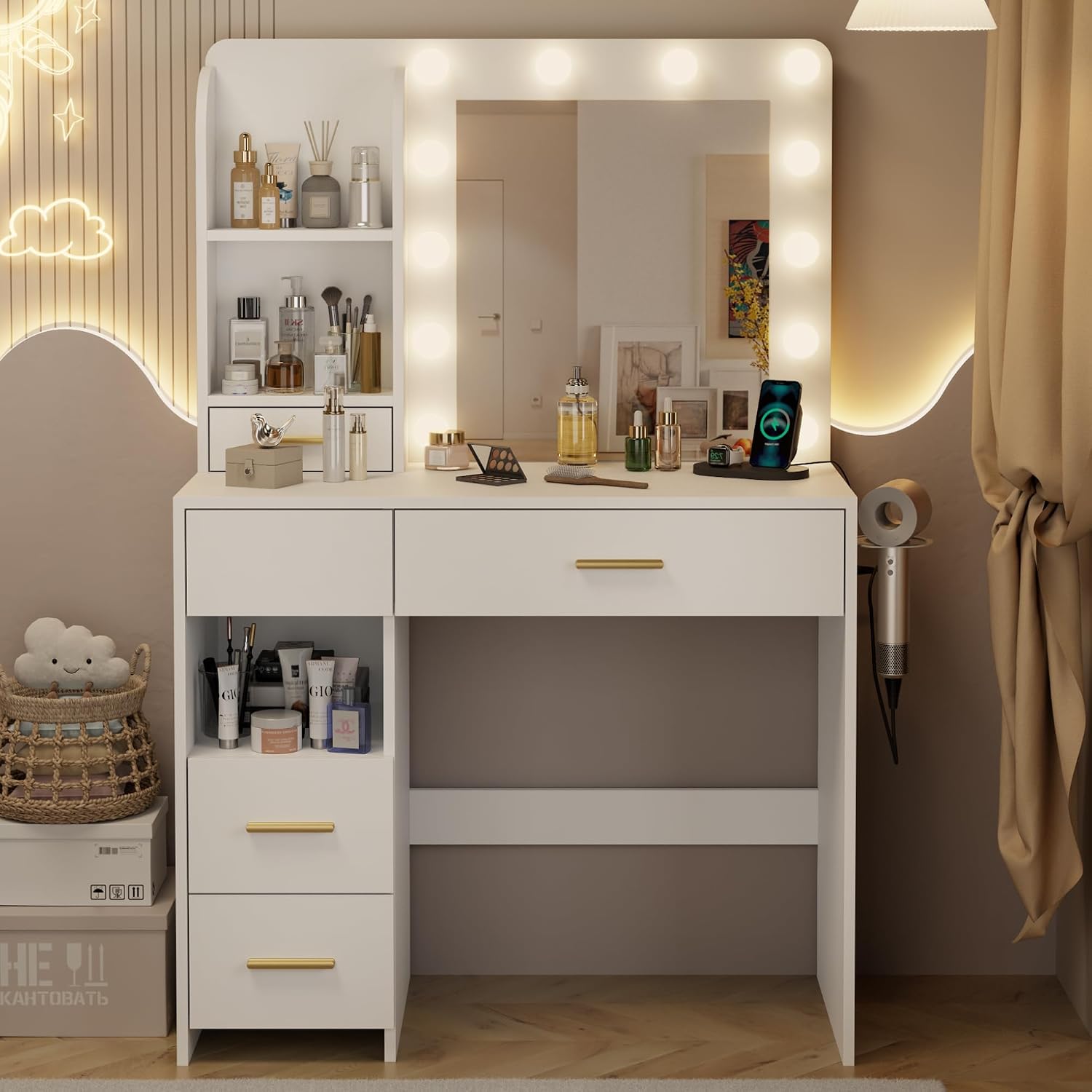 Otterease Vanity Desk with LED Lighted Mirror&Power Outlet, 3 Lighting Colors Makeup Vanity with 5 Large Drawers and 3 Storage Shelves, Vanity with Storage Stool for Bedroom, White