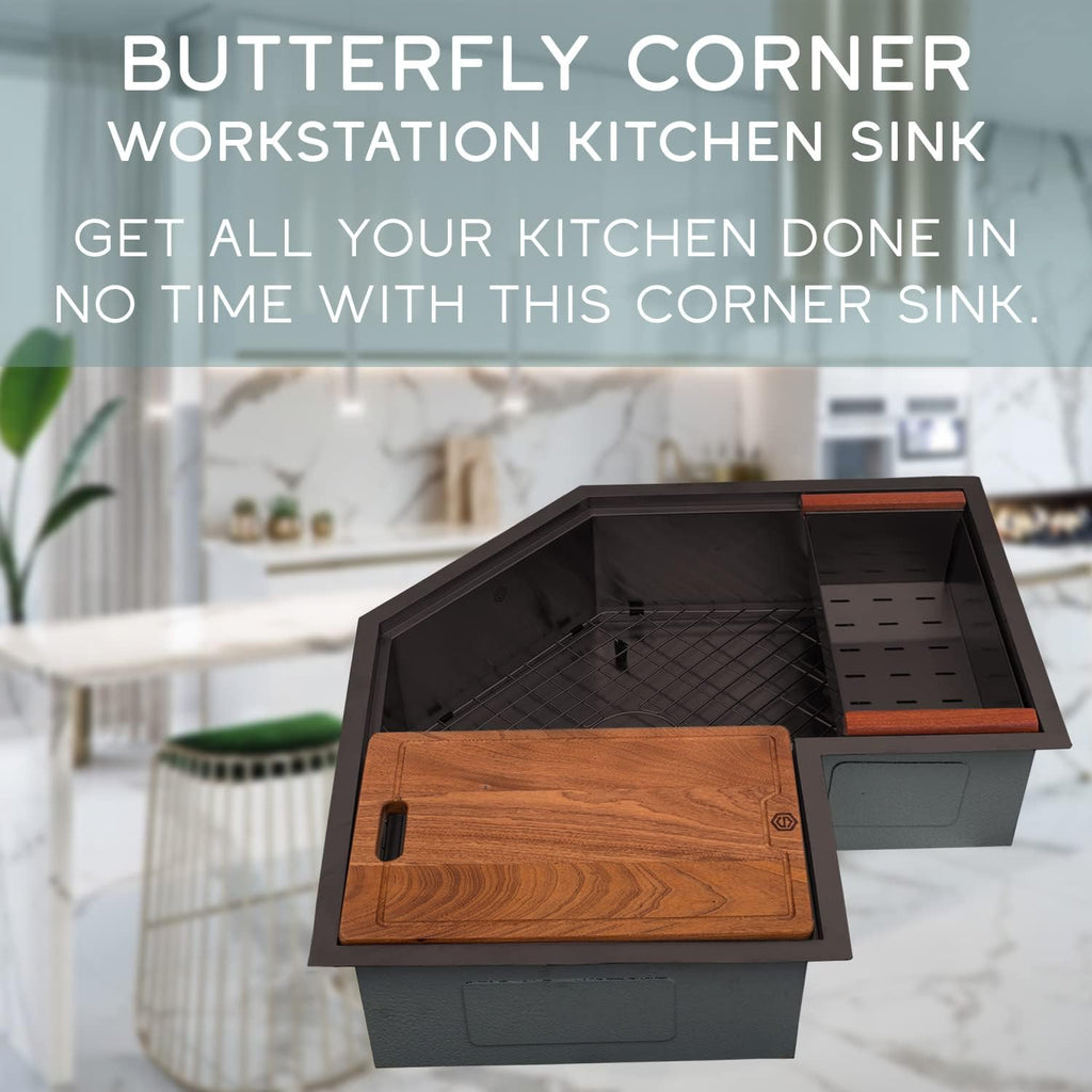Strictly Sinks 30 Inch Corner Kitchen Sink Undermount– 16 Gauge Stainless Steel Butterfly Sink Undermount, Scratch & Stain Resistant Corner Single Bowl Workstation Sink with Accessories (Black)