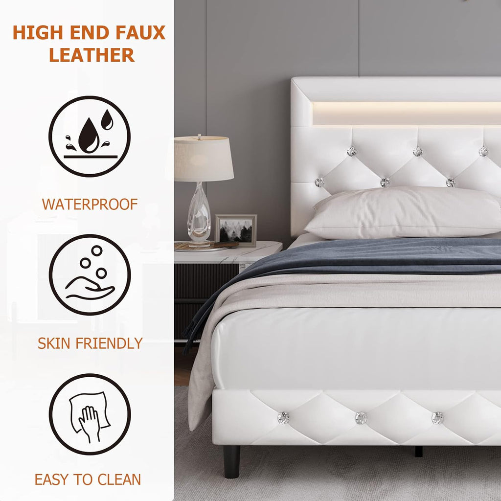Keyluv Modern Upholstered Queen Bed Frame with LED Lights, Faux Leather Low Profile Platform Bed Frame, Adjustable Crystal Button Tufted Headboard, Strong Wood Slat Support, Easy Assembly, White