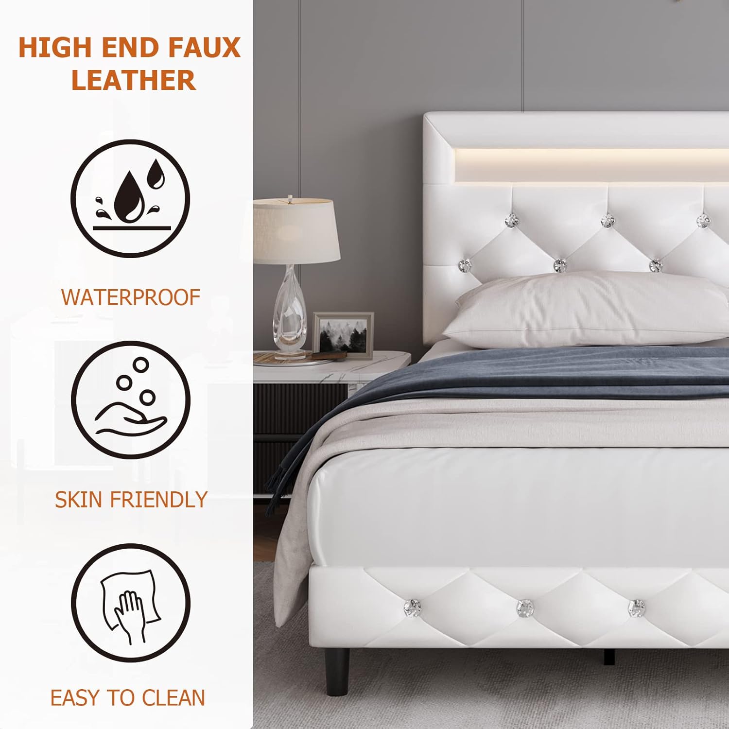 Keyluv Modern Upholstered Queen Bed Frame with LED Lights, Faux Leather Low Profile Platform Bed Frame, Adjustable Crystal Button Tufted Headboard, Strong Wood Slat Support, Easy Assembly, White