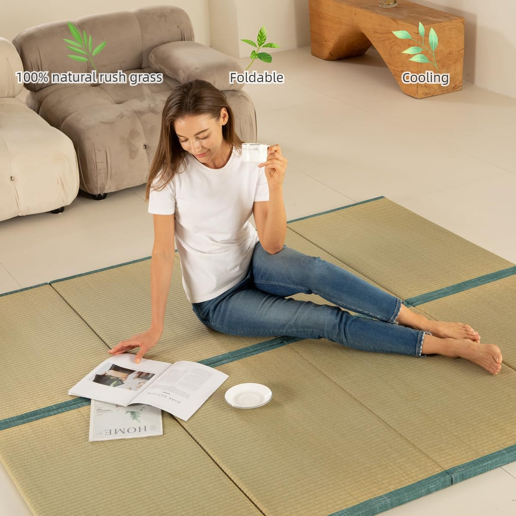 MustMat Japanese Floor Mattress Foldable Tatami Mats Folding Tatami Futon Mattress Rush Grass Floor Bed 35.4'x78.7'x1.2'(2 Piece Set)