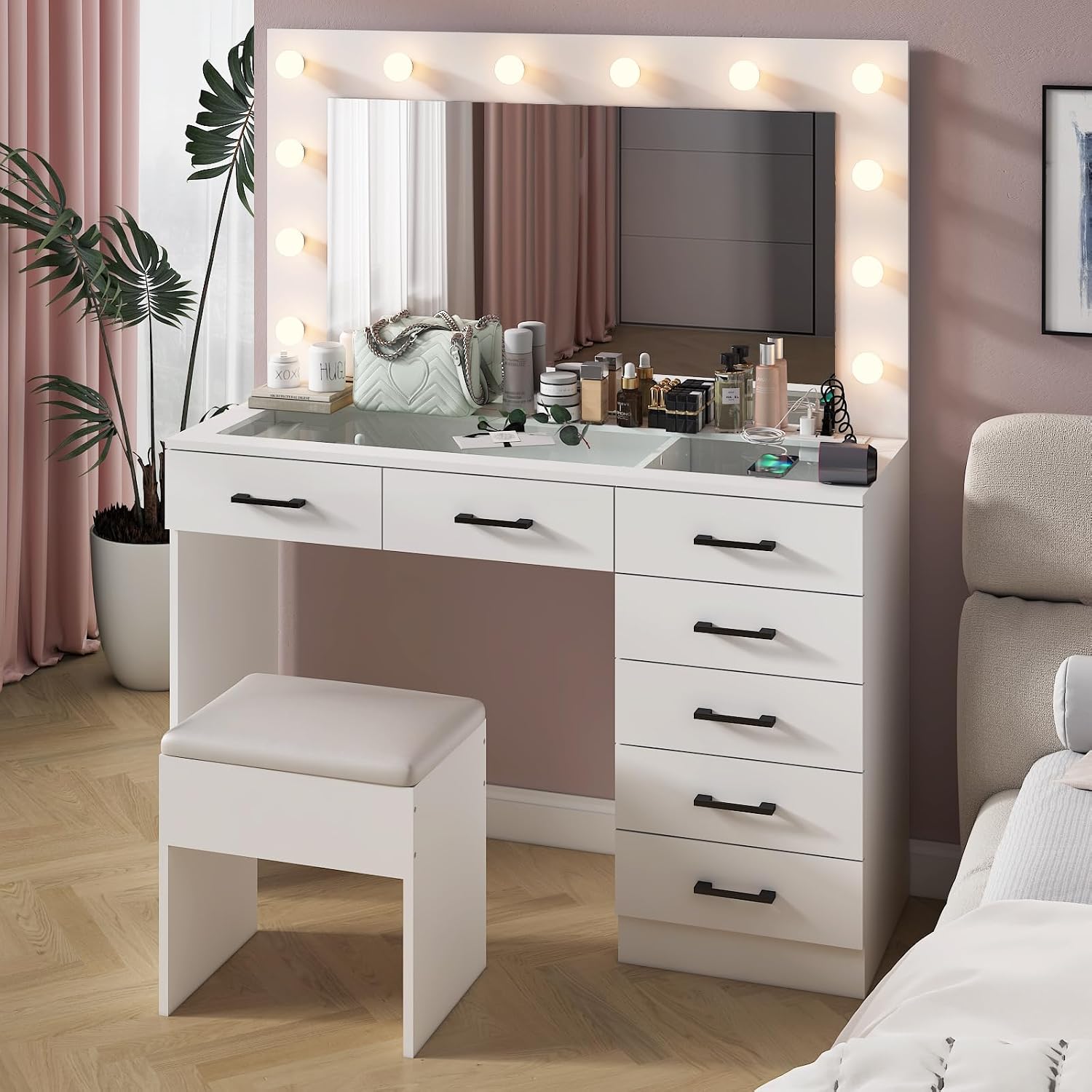 VINGLI Makeup Table with Large Mirror and 12 LED Light Bulbs, Vanity Desk Set with Padded Stool & 7 Drawers, Dressing Table with Glass Top & Charging Station for Dressing Room Bedroom, White