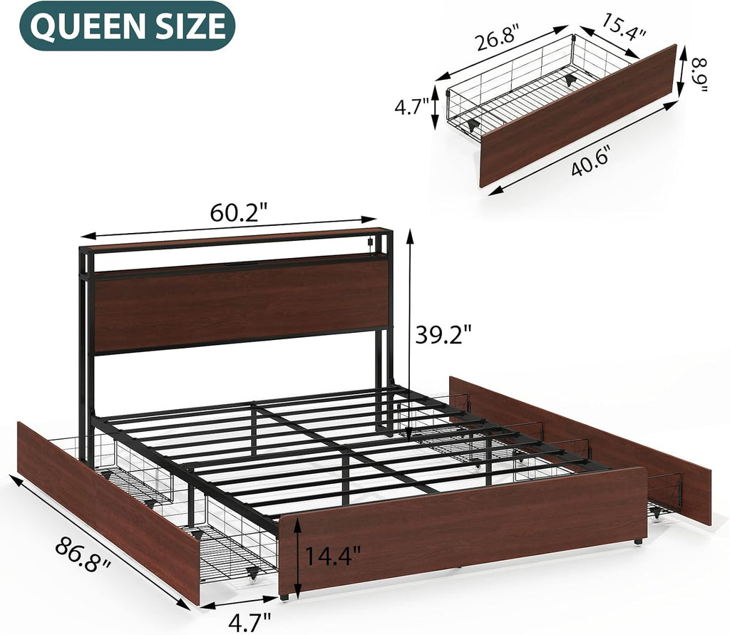 Zevemomo Queen Bed Frame with 4 Storage Drawers, Queen Size Platform Bed Frame with Headboard, Built-in Charging Station & LED Lights, No Box Spring Needed
