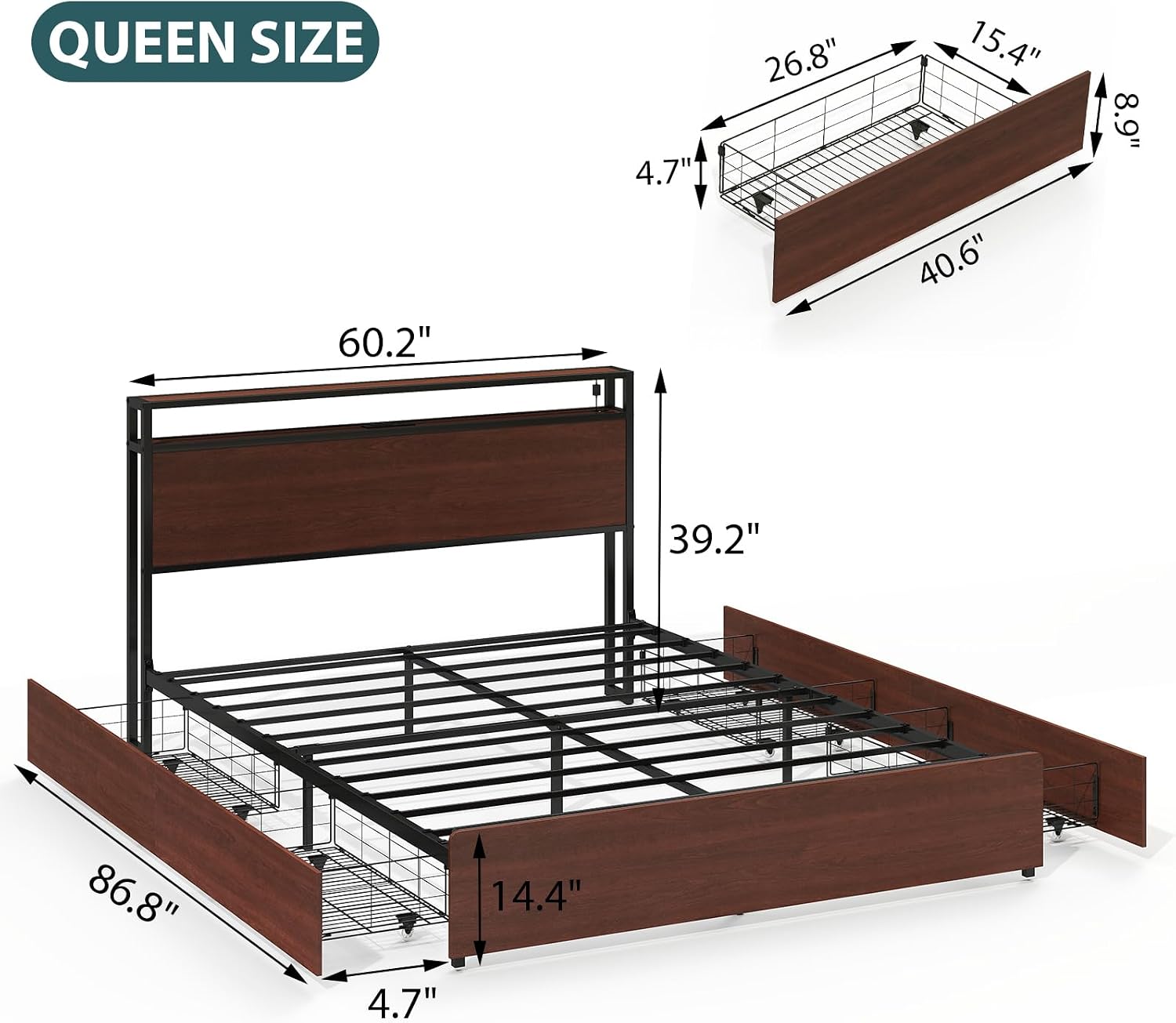 Zevemomo Queen Bed Frame with 4 Storage Drawers, Queen Size Platform Bed Frame with Headboard, Built-in Charging Station & LED Lights, No Box Spring Needed