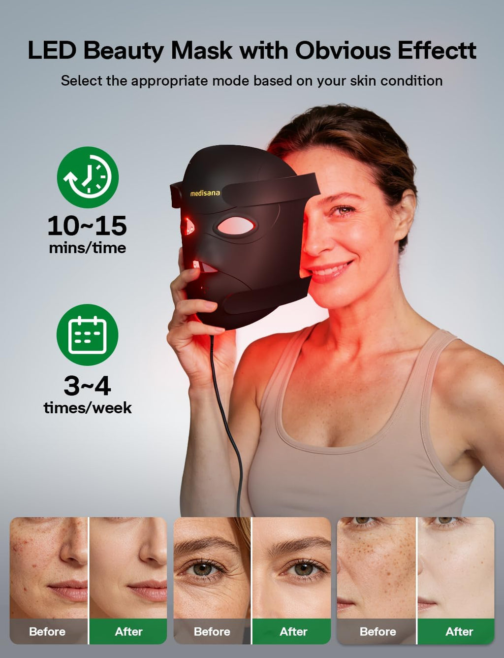 Medisana 3D Red Light Therapy Mask for Face, 336 LEDs Light Therapy Mask with 3 Modes - NIR 830nm, Red 630nm, Blue 415nm - Cordless & Rechargeable LED Face Mask for Home, Skincare Gifts (Black)