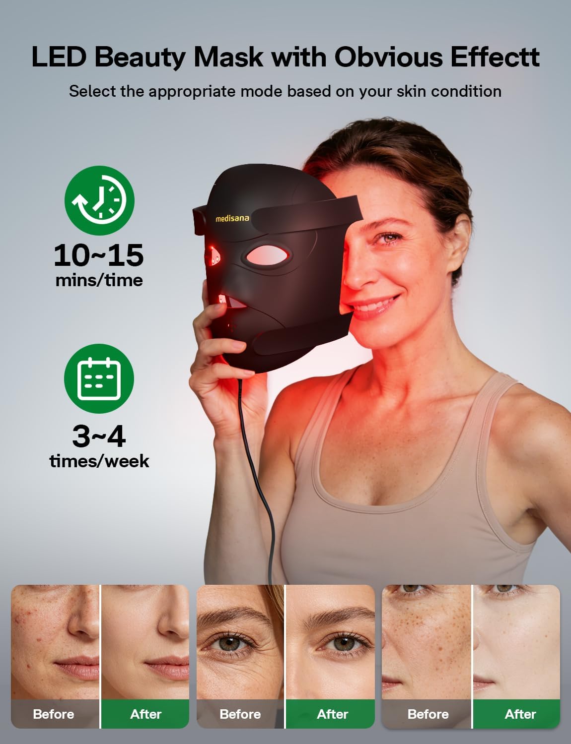Medisana 3D Red Light Therapy Mask for Face, 336 LEDs Light Therapy Mask with 3 Modes - NIR 830nm, Red 630nm, Blue 415nm - Cordless & Rechargeable LED Face Mask for Home, Skincare Gifts (Black)