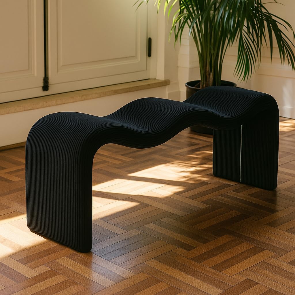 Meridian Furniture 22097Black Willow Collection Modern | Contemporary Bench with Soft Black Microsuede Corduroy Fabric, Iron Metal Inner Frame, 56.5' W x 18' D x 19' H, Black
