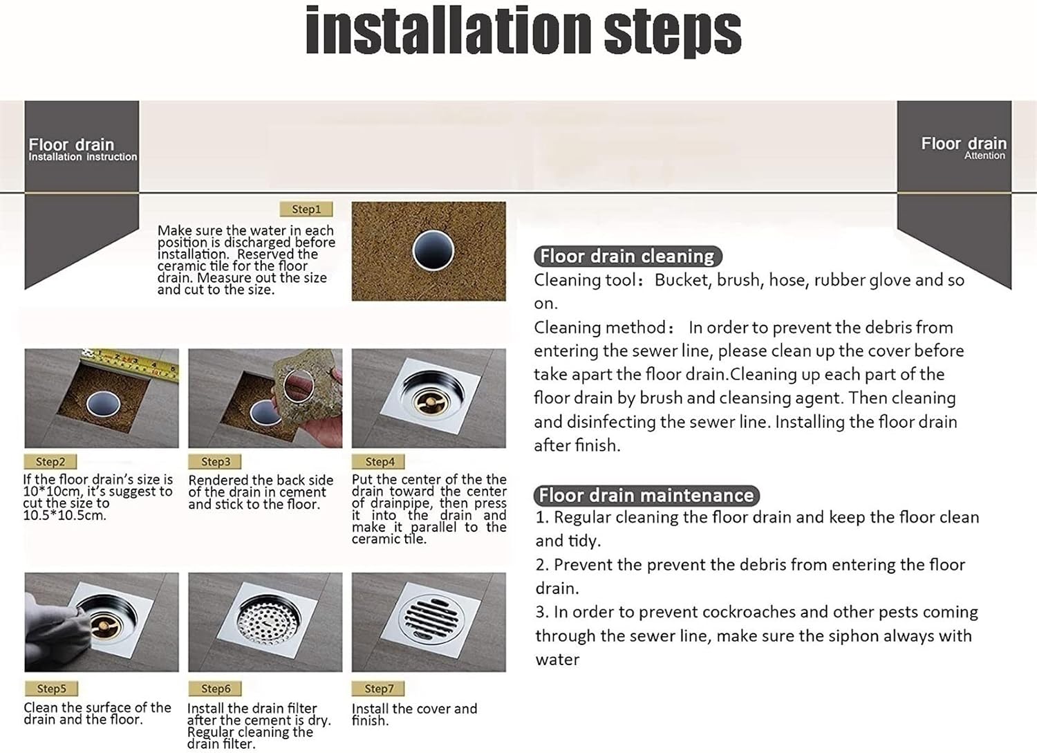 4 Inch Invisible Shower Floor Drain Brass Shower Drain with Tile Insert Grate Removable Cover Hair Catcher Strainer, Square Floor Drainer with Hair Strainer for Kitchen Washro,Black
