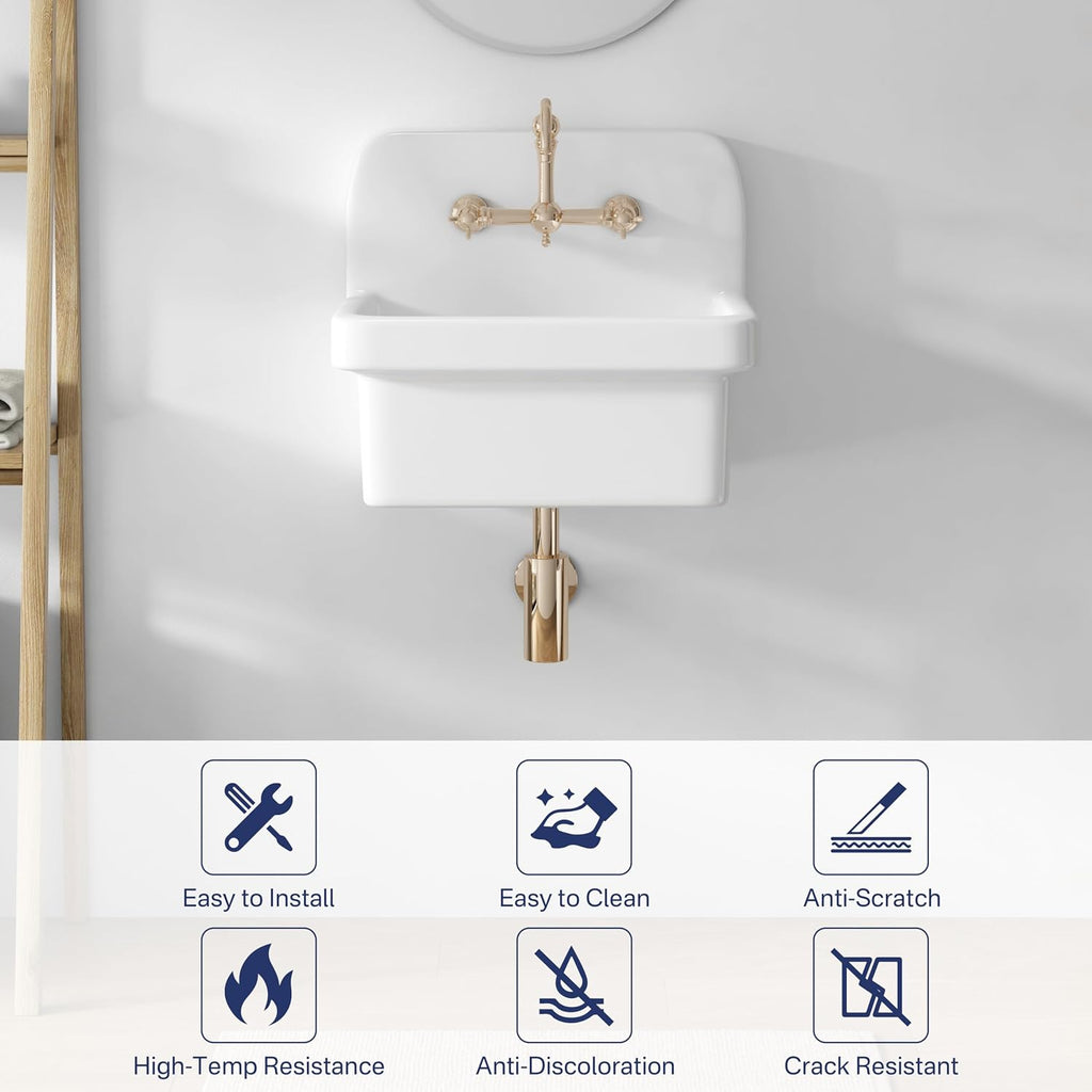 Eridanus 21 Inch Utility Sink, Wall Mounted Farmhouse Bathroom Sink, Modern Laundry Sinks Above Counter, 21' x 16' x 18.5' Floating Porcelain Ceramic Tub High Back for Garage, Washing Room, Kitchen