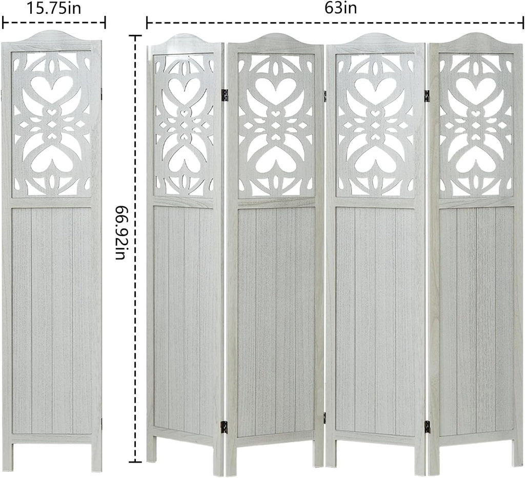 Wood Room Divider 4 Panel 5.6Ft Carved Room Divider and Folding Privacy Screen, Minimalism Portable Partition Screen Divider for Room Separation, Room Decoration for Home Office - White