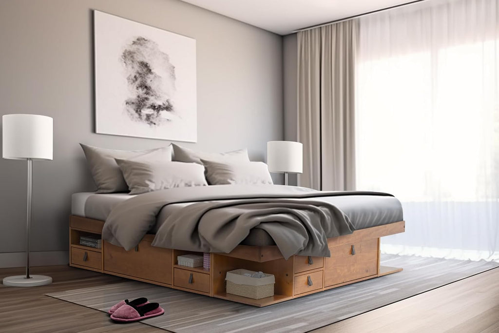 memomad Bali Bed - King Storage Platform Sturdy Wooden Frame with Drawers & More - Solid Pine - Noise Free - No Box Spring Needed - Slats Included (King Size, Oak Brown Wood)
