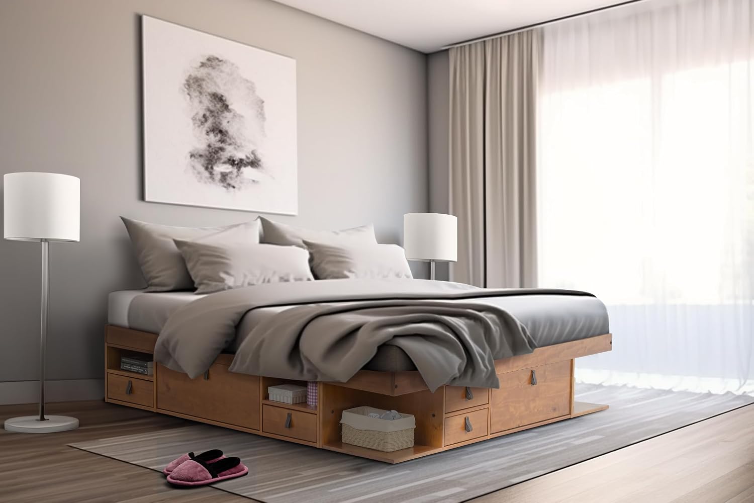 memomad Bali Bed - King Storage Platform Sturdy Wooden Frame with Drawers & More - Solid Pine - Noise Free - No Box Spring Needed - Slats Included (King Size, Oak Brown Wood)