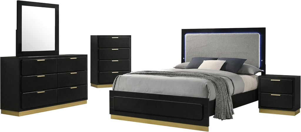 Coaster Home Furnishings Caraway Contemporary 5-Piece Bedroom Set Upholstered Eastern King Size LED Panel Bed Frame 55-inch Headboard Black 224781KE-S5