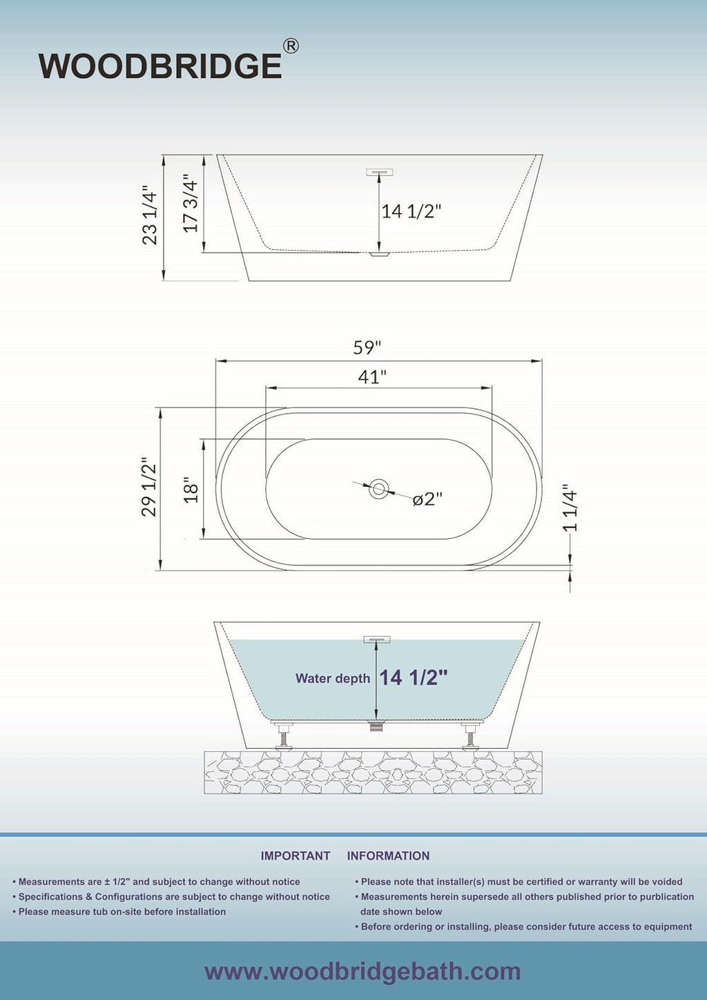 WOODBRIDGE 59' Acrylic Freestanding Bathtub Contemporary Soaking Tub, White Acrylic (Oil Rubbed Bronze Drain/Overflow),B0014 ORB Drain &O