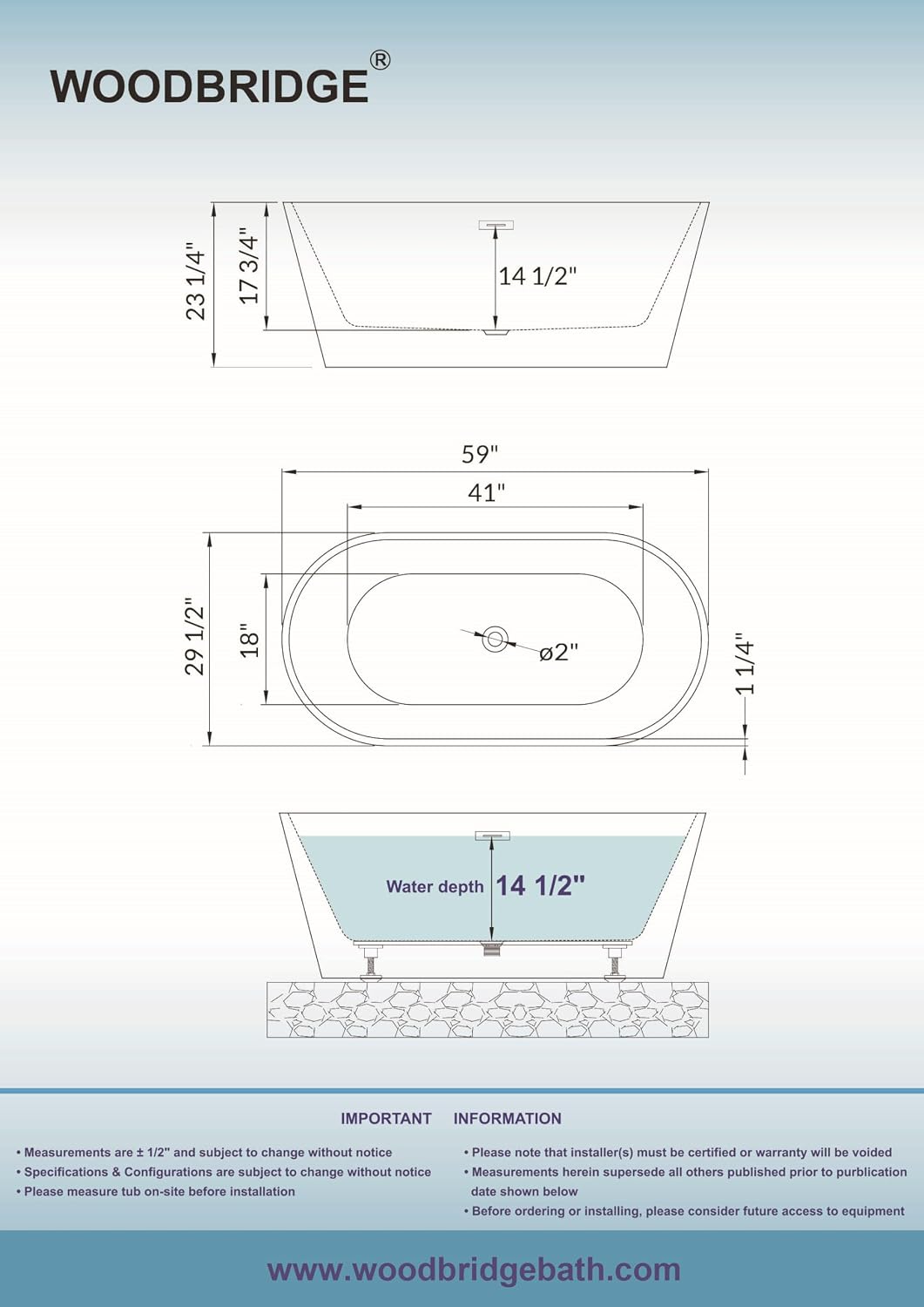 WOODBRIDGE 59' Acrylic Freestanding Bathtub Contemporary Soaking Tub, White Acrylic (Oil Rubbed Bronze Drain/Overflow),B0014 ORB Drain &O