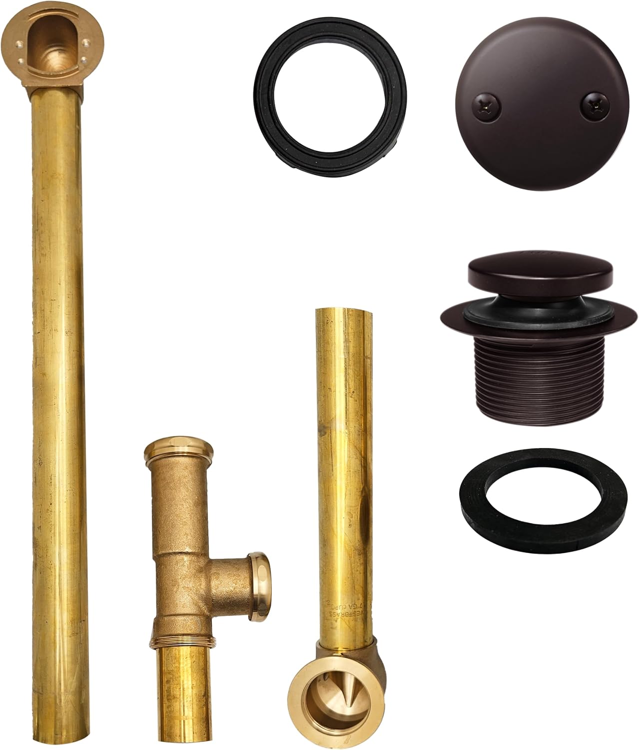 Westbrass A326-12 22-1/2' Brass Bath Waste & Overflow Assembly with Tip-Toe Drain Plug and 2-Hole Faceplate, Oil Rubbed Bronze