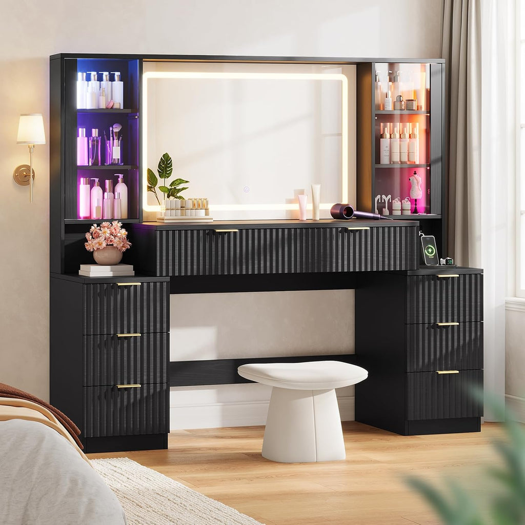 HAUOMS Big Vanity, 59.1' Fluted Wood Makeup Vanity Desk with Mirror and Sound Sync LED Lights, Large Vanity Dressing Table, 8 Drawers, 2 Glass Cabinets, with Charging Station for Girls, Women (Black)