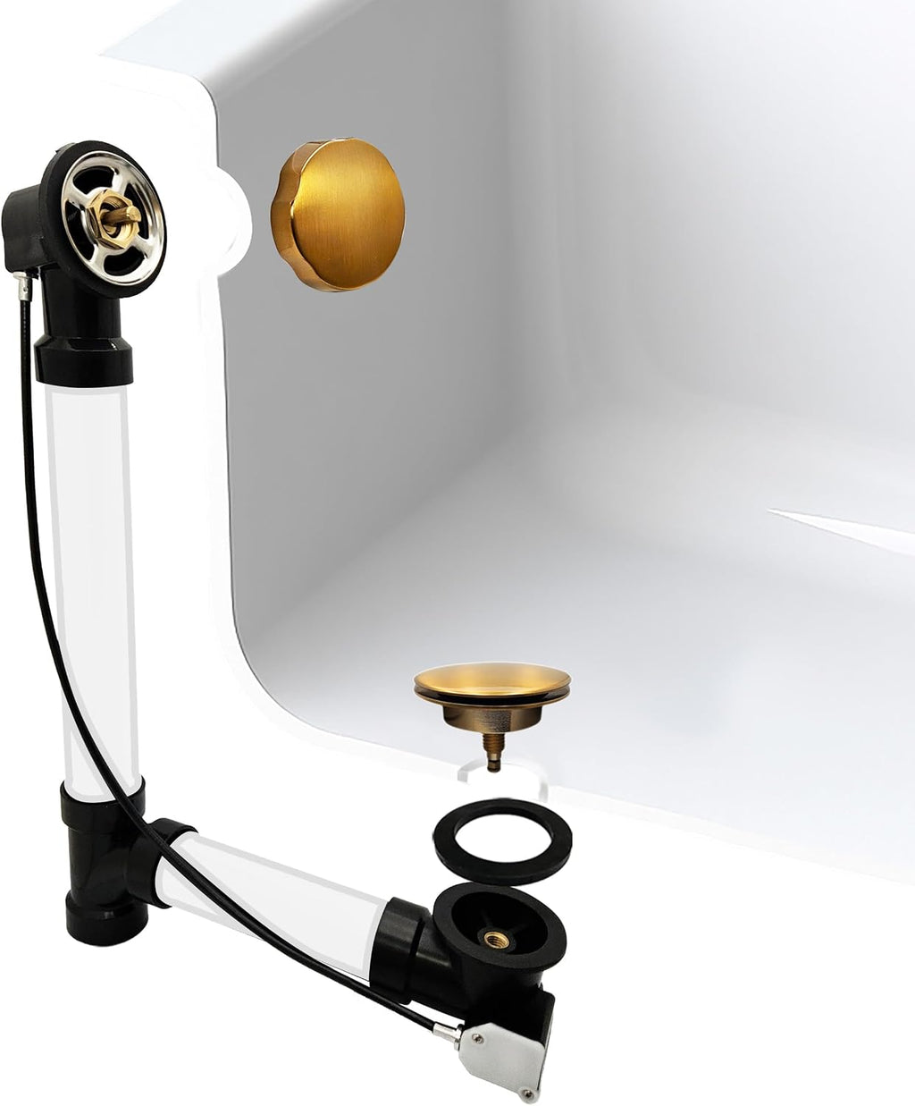 Westbrass A50A27-18 27' SCH. 40 ABS Cable Driven Bath Drain Trim Kit with Rotary Overflow Cover Knob and Pop-Up Stopper, Brushed Bronze
