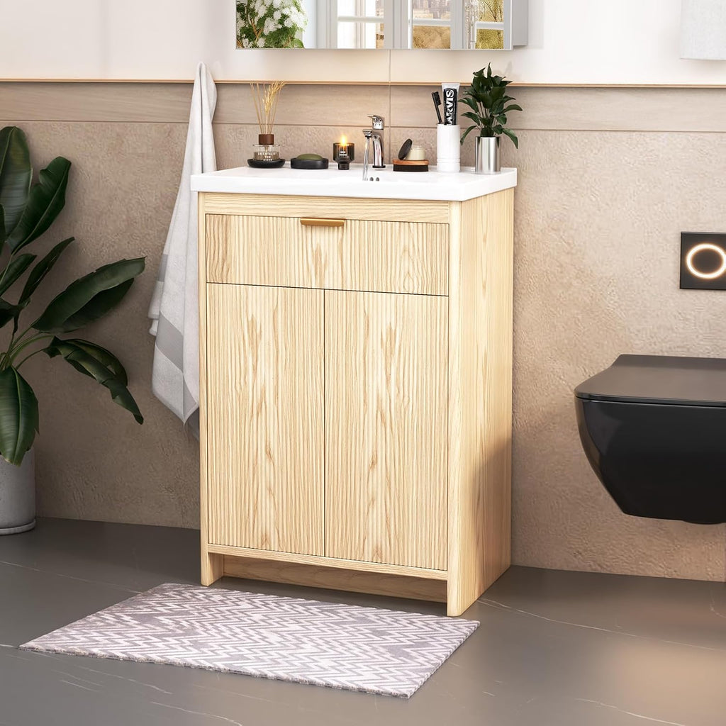 24'' Bathroom Vanity with Ceramic Single Sink Combo, Small Freestanding Bathroom Storage Vanity Cabinet with Drawer & Cabinet, Metal Handle，Natural Oak