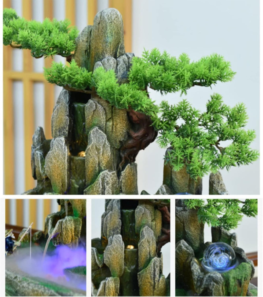 Desktop Fountain Indoor Fountain Tabletop Natural Waterfall Fake Tree Creative Simulation Resin Rockery for Office Home Desk Decoration(Large)