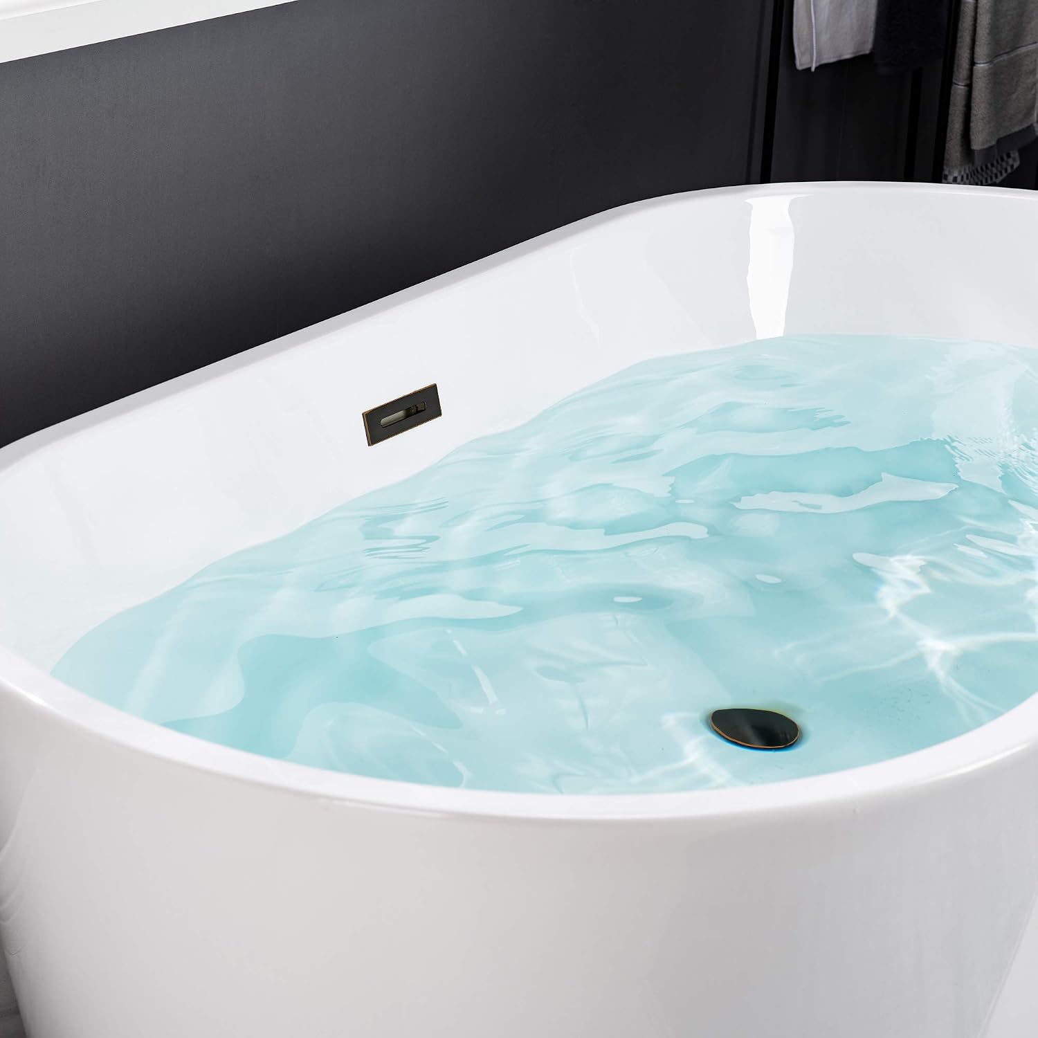 WOODBRIDGE 59' Acrylic Freestanding Bathtub Contemporary Soaking White Tub with Oil-Rubbed Bronze Overflow and Drain，B0014-ORB