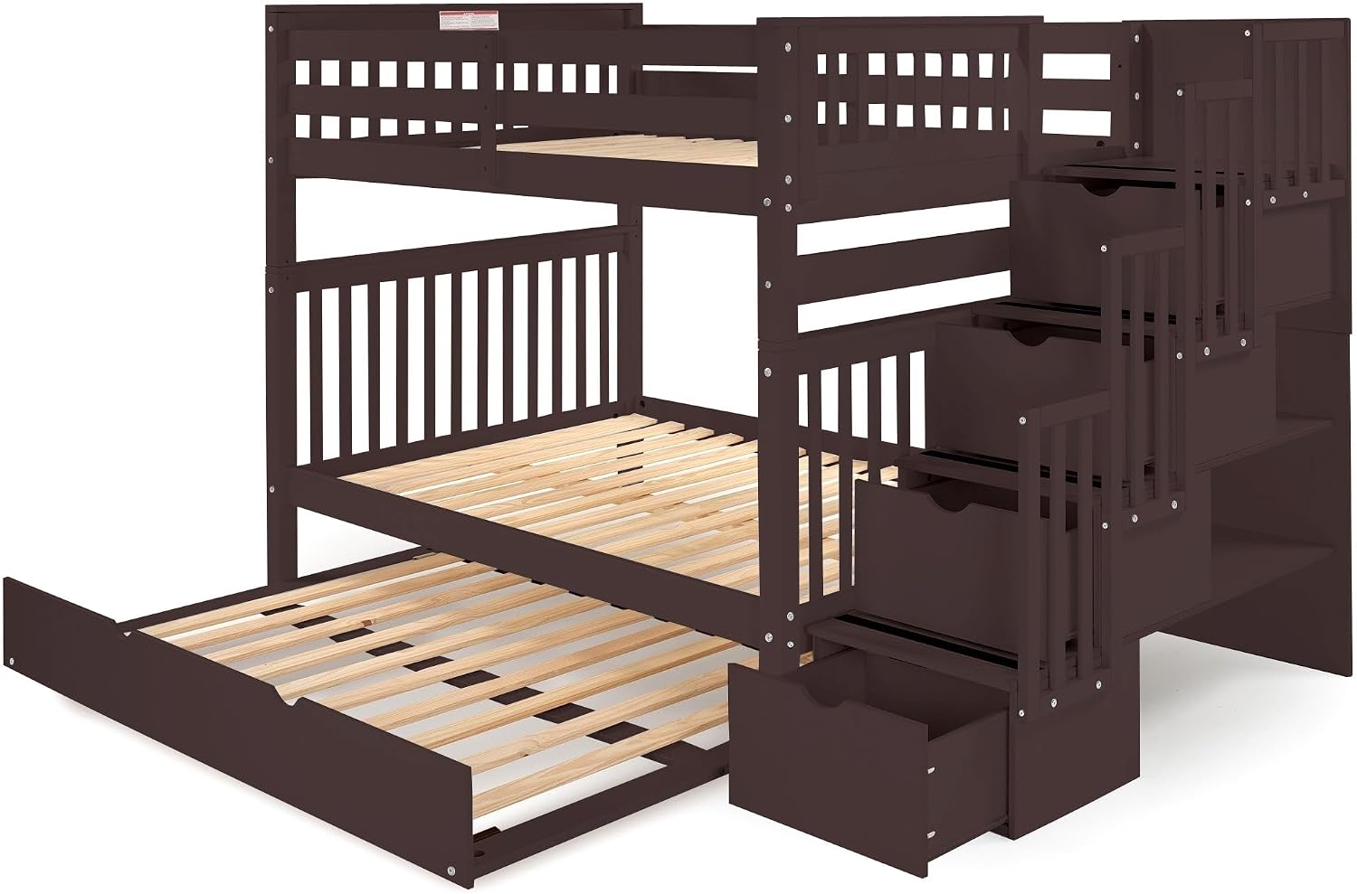 Bedz King Stairway Bunk Beds Full Over Full with 4 Drawers in the Steps and a Full Trundle, Dark Cherry