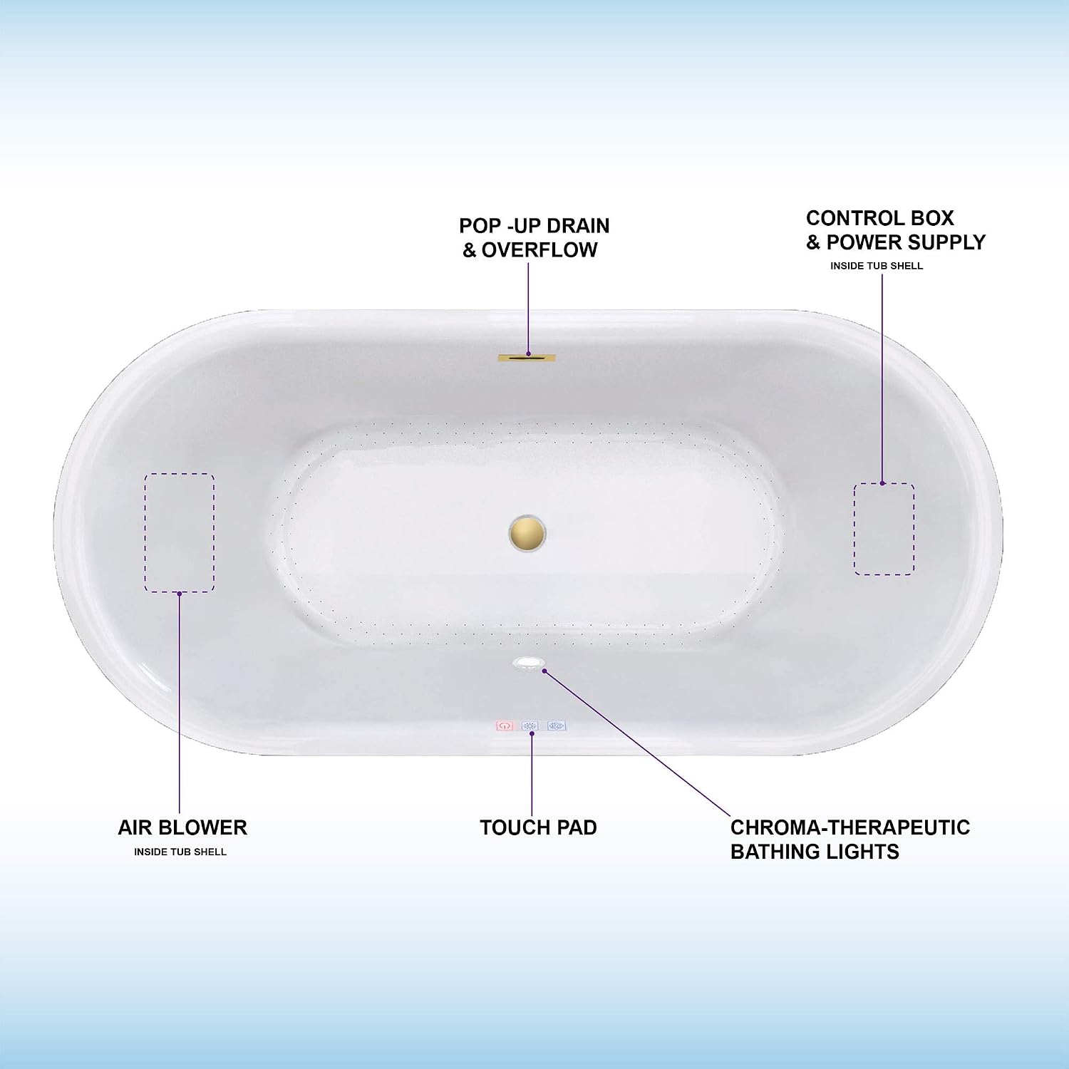 WOODBRIDGE 67' Acrylic Freestanding Bathtub Contemporary Soaking White Tub with Brushed Gold Overflow and Drain，B0101 -BG-Drain &O