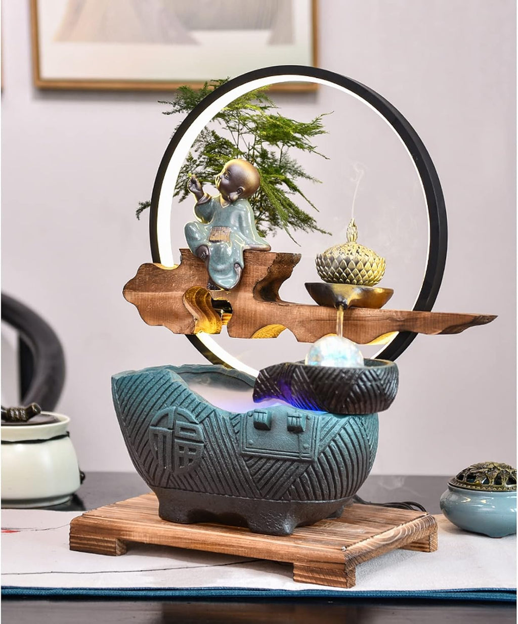 Desktop Fountain Indoor Fountain Tabletop with LED Lights and Rolling Ball Feng Shui Zen Waterfall Fountains Relaxation Water Feature Meditation Desktop for Home Office Decor