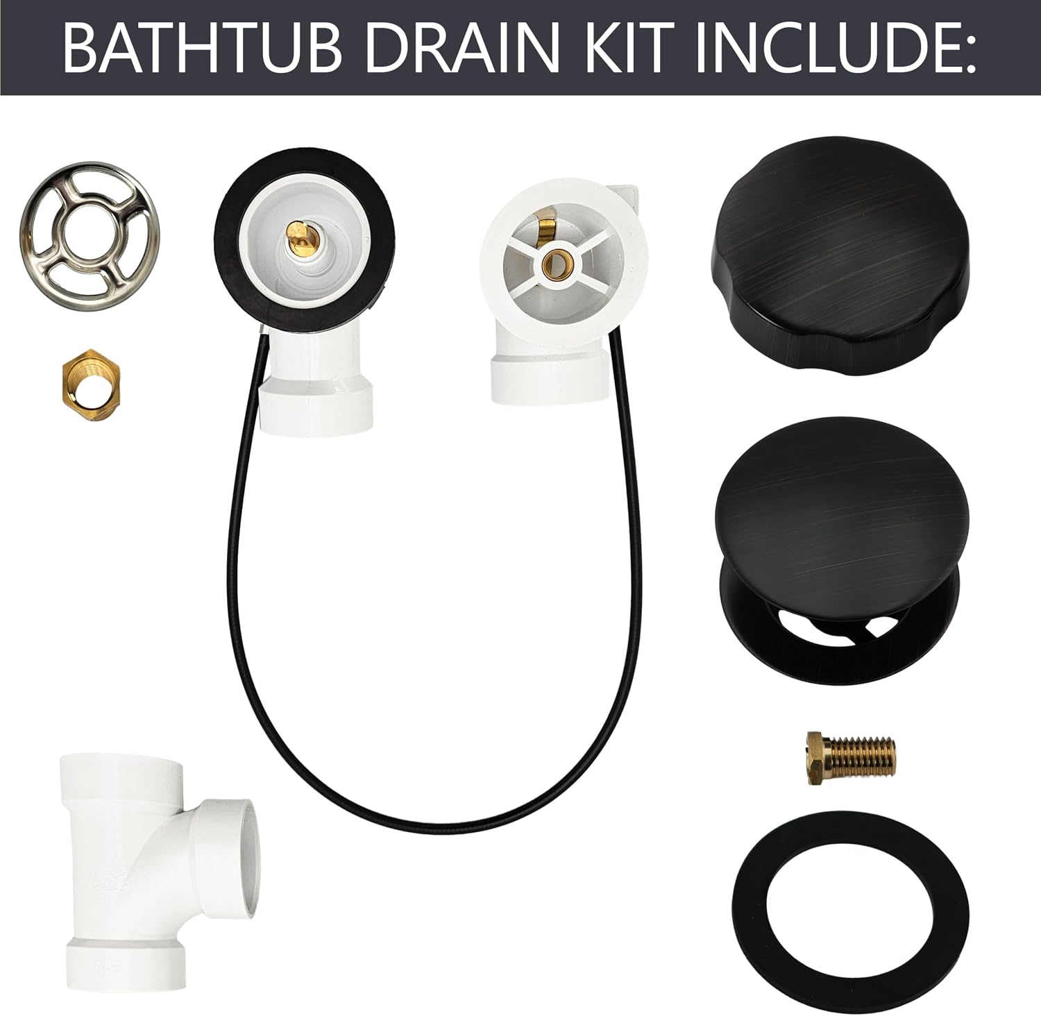 Westbrass A50P45-12A 45' SCH. 40 PVC Cable Driven Bath Drain Trim Kit with Rotary Overflow Cover Knob and Pop-Up Stopper, Antique Bronze