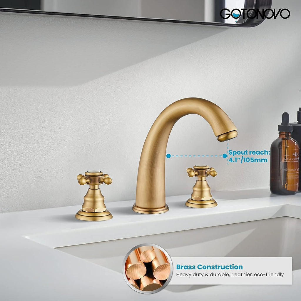 gotonovo Antique Brass Shower Fixture 8' Rainfall Shower Head Handheld Spray Dual Knobs 3 Function Antique Brass 8' Widespread Bathroom Faucet 3 Hole 2 Cross Handle Pop Up Drain with Overflow