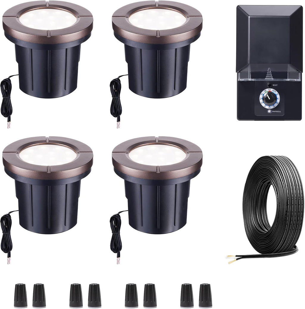Landscape Well Lights Kit, 4 Pack LED Low Voltage Ground Lights and 100W Transformer and 100FT Cable and 20 Wire Connectors, IP67 Waterproof Aluminum for Driveway Walkway Tree 580LM