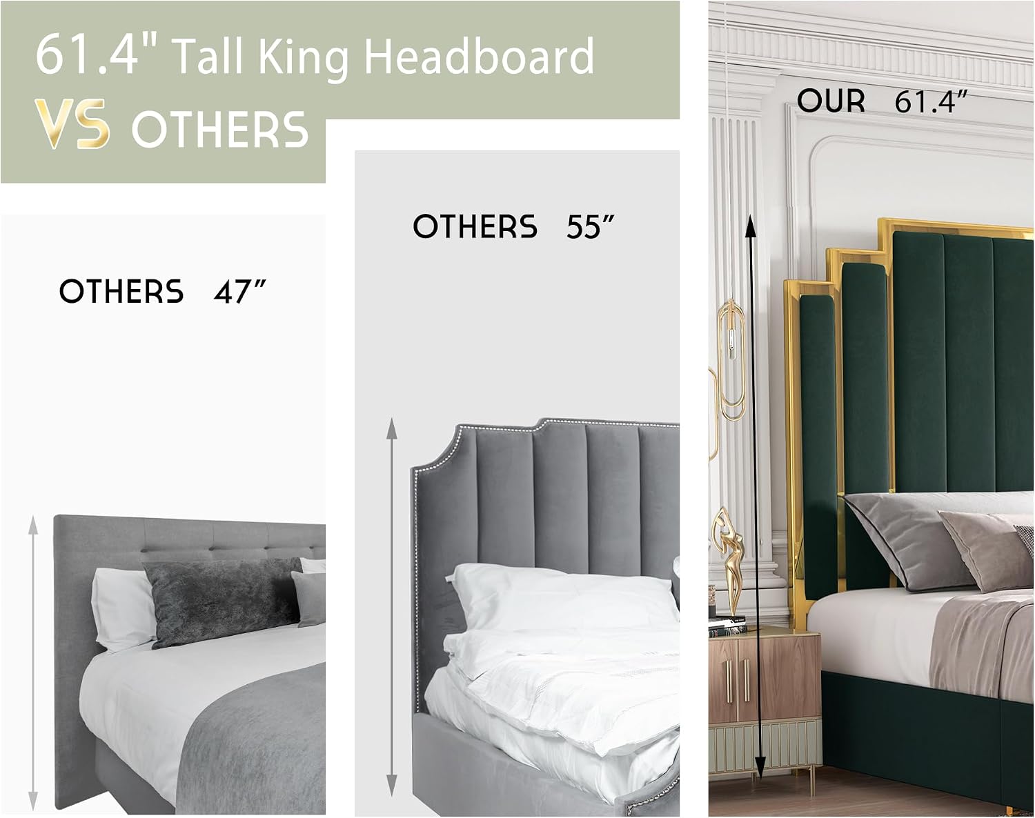 HOWE Queen Size Bed Frame and 61' Headboard, Upholstered Bed with Golden Plating Trim, Modern Platform Bed No Box Spring Needed, Green