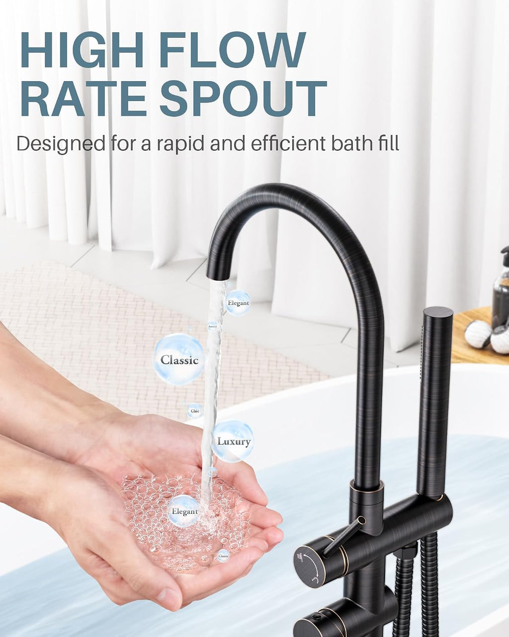 Freestanding Tub Filler Faucet Bronze: High Flow Brass Floor Mount Bathtub Filler, Swivel Gooseneck Spout with Single Handheld Sprayer for Bath Shower, Oil Rubbed Bronze