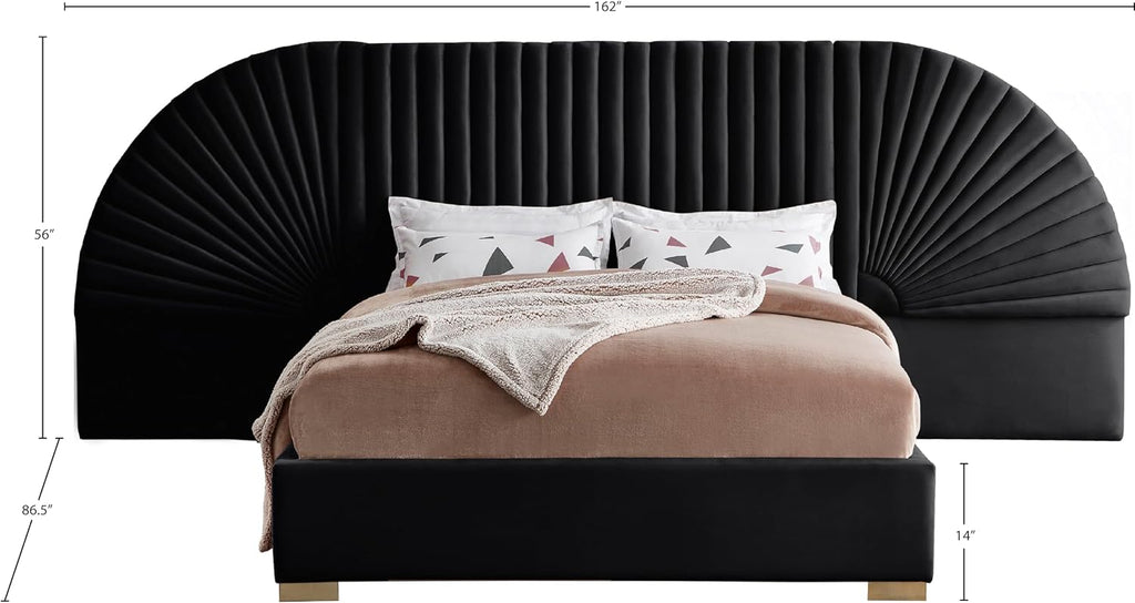 Meridian Furniture Cleo Collection Modern | Contemporary Velvet Upholstered Bed with Gold Steel Legs and Removable Panels, King, Black