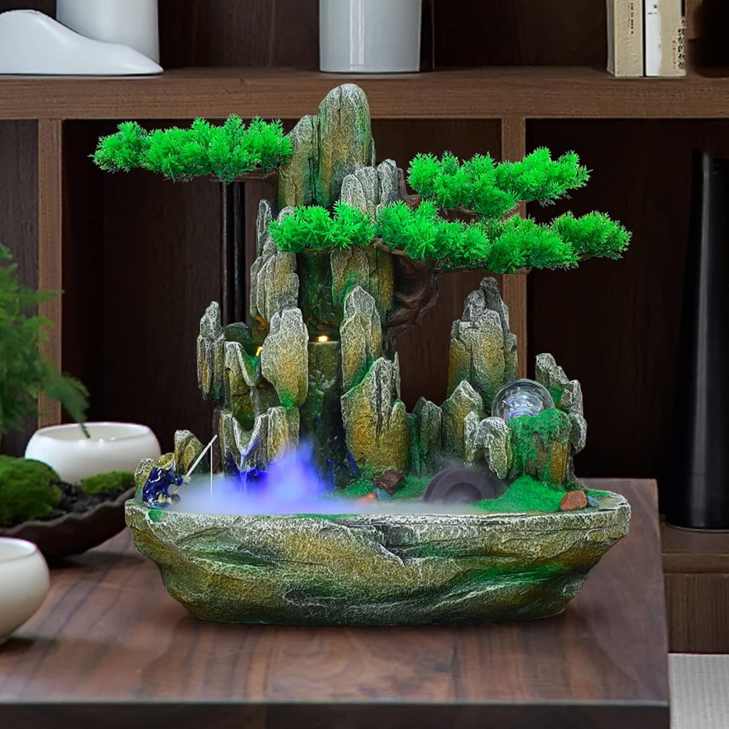 Desktop Fountain Indoor Fountain Tabletop Natural Waterfall Fake Tree Creative Simulation Resin Rockery for Office Home Desk Decoration(Small)