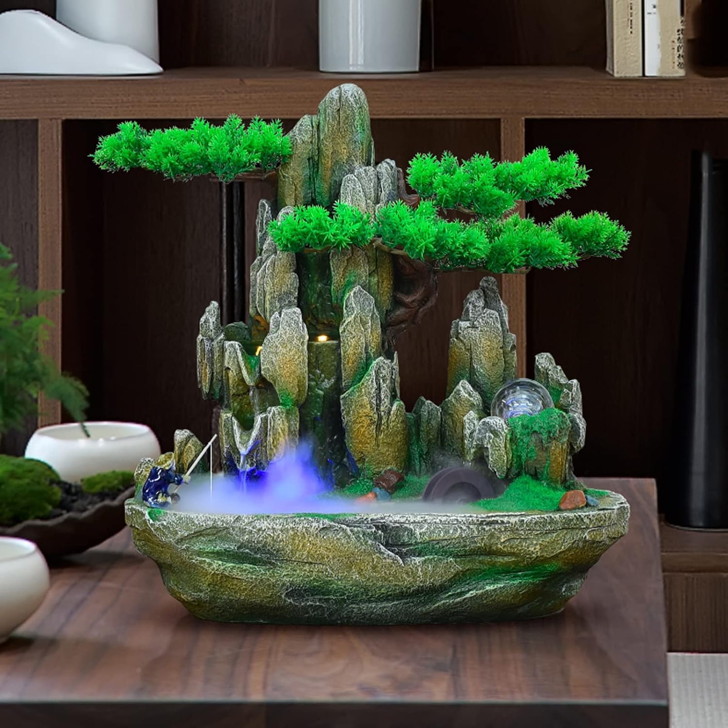Desktop Fountain Indoor Fountain Tabletop Natural Waterfall Fake Tree Creative Simulation Resin Rockery for Office Home Desk Decoration(Small)