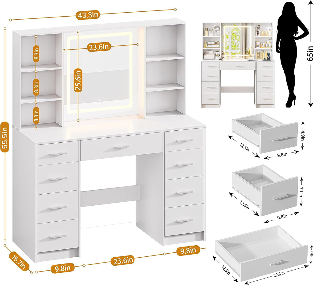 Vanity Desk with Mirror and Lights, Makeup Vanity Desk with 9 Drawers & 6 Shelves, Make up Vanity, Dressing Table with Touch Screen Mirror & Power Outlet, White Vanity for Girls Women, Bedroom