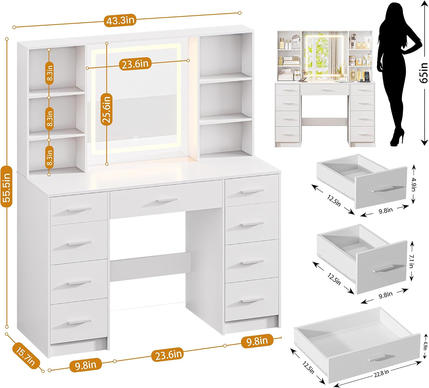 Vanity Desk with Mirror and Lights, Makeup Vanity Desk with 9 Drawers & 6 Shelves, Make up Vanity, Dressing Table with Touch Screen Mirror & Power Outlet, White Vanity for Girls Women, Bedroom