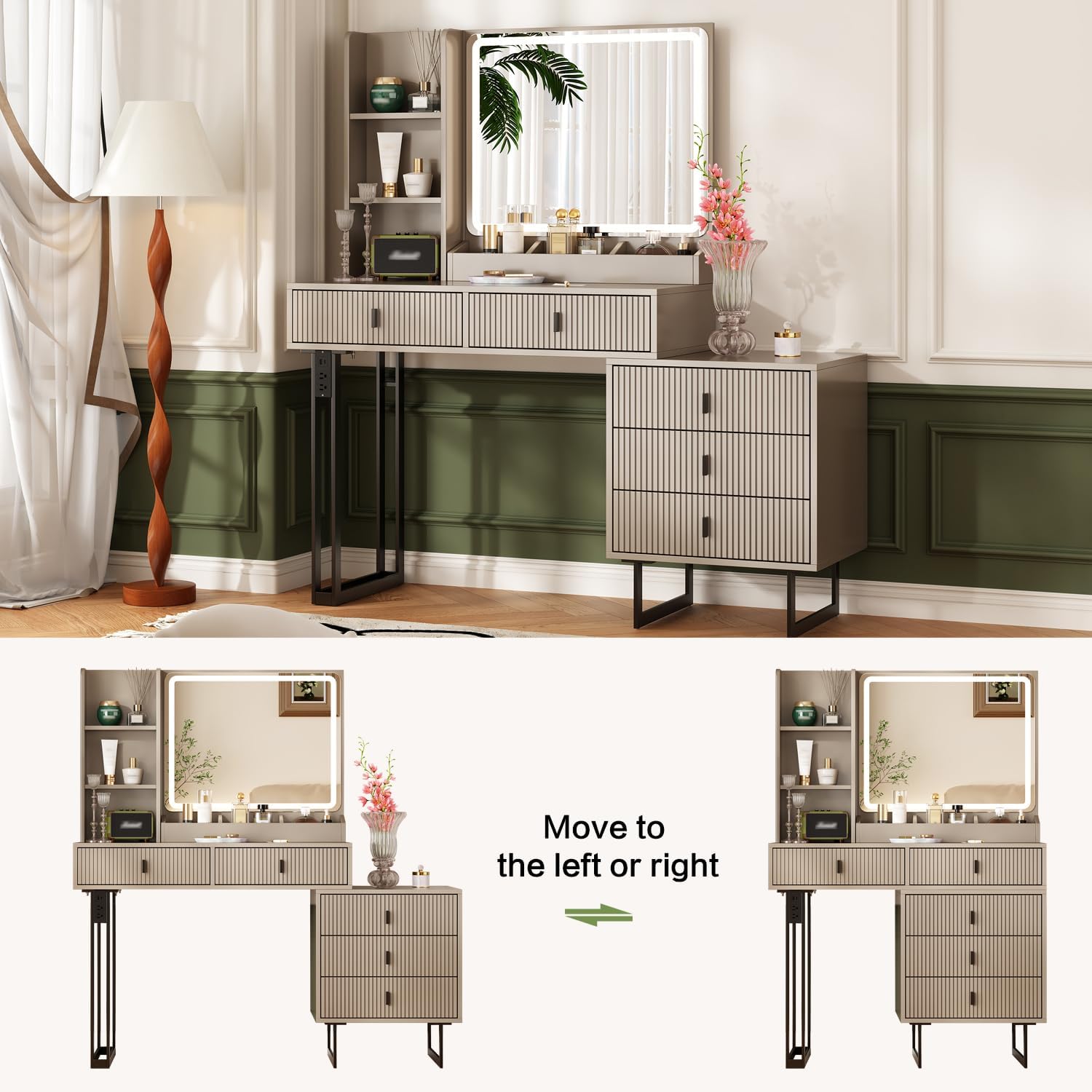 Ieejdn Large Vanity Desk with 3 Color Touch Screen Dimming Mirror, Vanity Desk with Charging Station, Modern Retractable Makeup Dressing Table, Makeup Table with Storage Shelves and 5 Sliding Drawers
