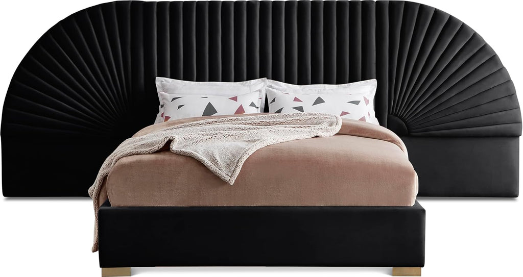 Meridian Furniture Cleo Collection Modern | Contemporary Velvet Upholstered Bed with Gold Steel Legs and Removable Panels, King, Black