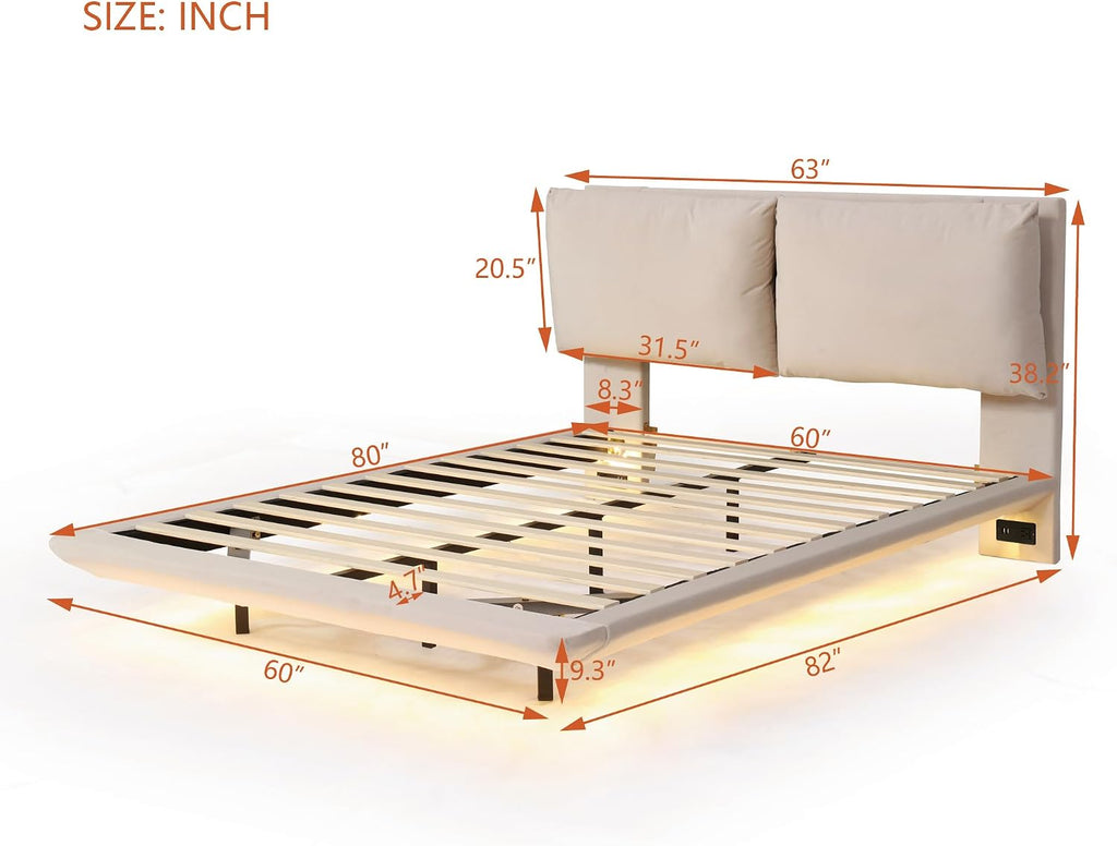 Ball & Cast Queen Size Floating Bed Frame,Velvet Upholstered Platform Bed with Sensor Light and 2 Large Backrests,Two Sets of USB Port,Slat Support,No Box Spring Needed,for Apartment,Bedroom,Beige