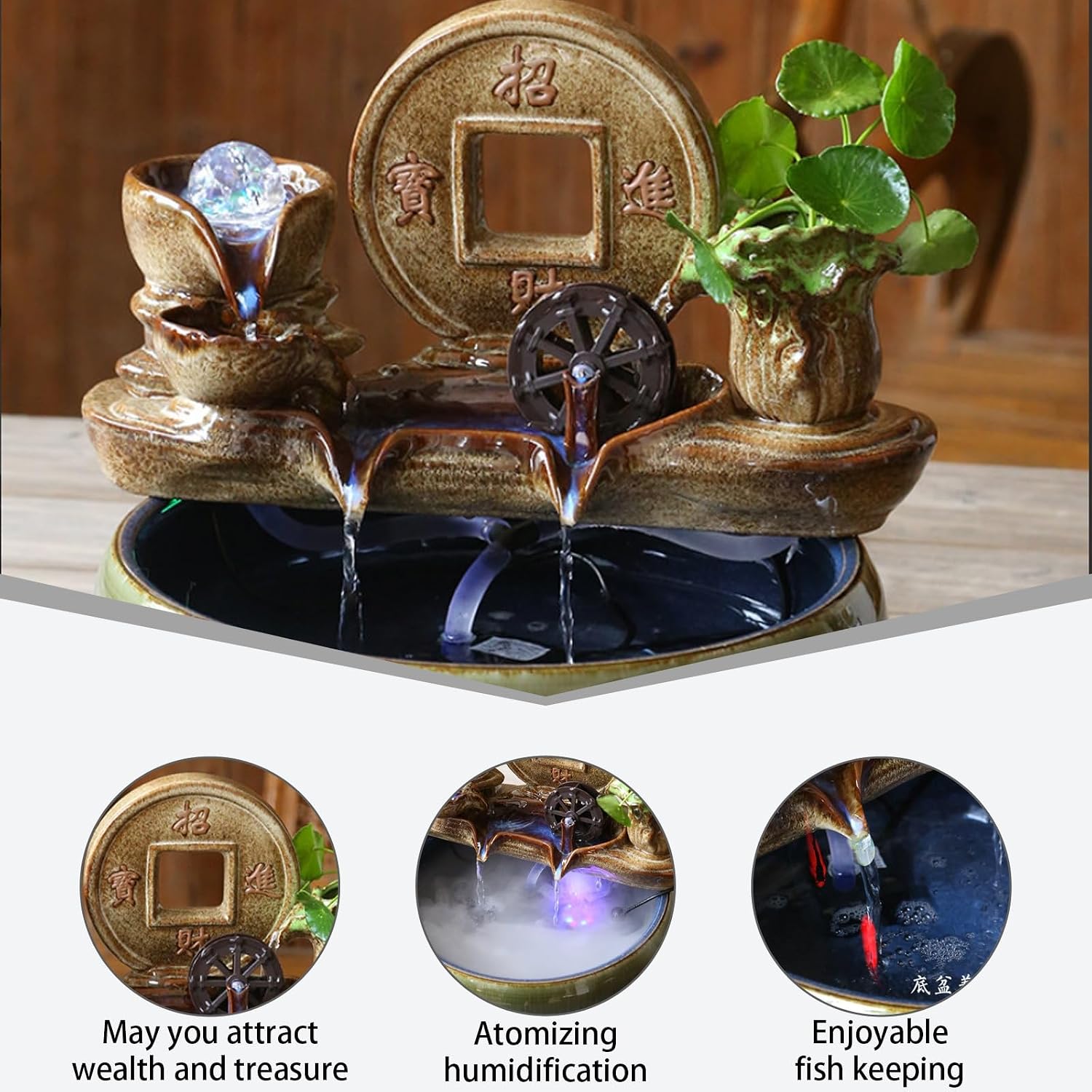 Tabletop Water Fountain, Feng Shui Mist Waterfall with Fish Tank, Ceramic Zen Bonsai Decor, Relaxing Desktop for Office Living Room(C)